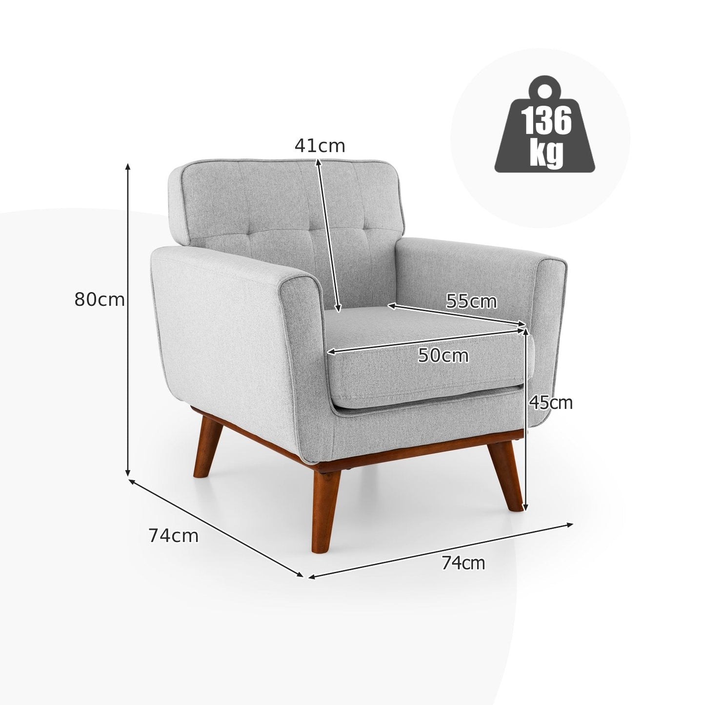 Modern Accent Armchair with Removable Padded Seat Cushion-Grey