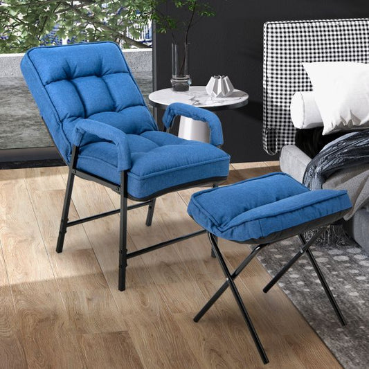 Accent Chair + Ottoman in Linen Fabric with Adjustable Back &amp; Metal Frame Blue