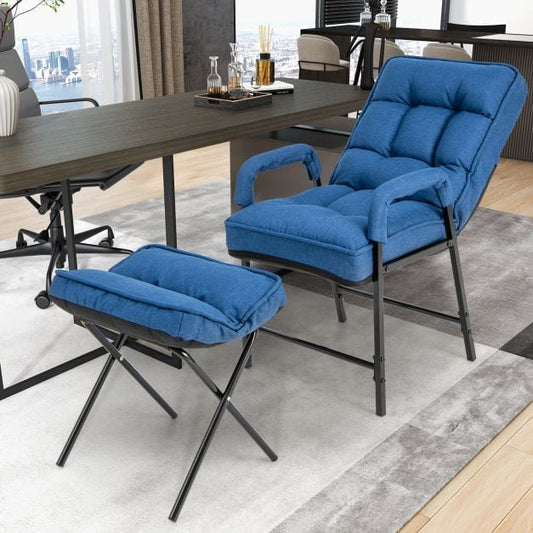 Accent Chair + Ottoman in Linen Fabric with Adjustable Back &amp; Metal Frame Blue