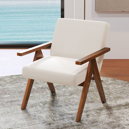 Modern Accent Chair Linen Fabric Armchair with Solid Acacia Wood Frame-Beige