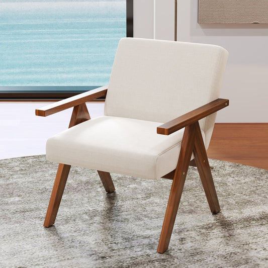 Modern Accent Chair Linen Fabric Armchair with Solid Acacia Wood Frame-Beige