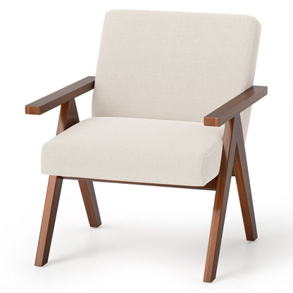 Modern Accent Chair Linen Fabric Armchair with Solid Acacia Wood Frame-Beige