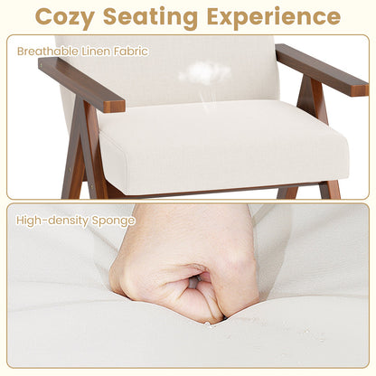 Modern Accent Chair Linen Fabric Armchair with Solid Acacia Wood Frame-Beige