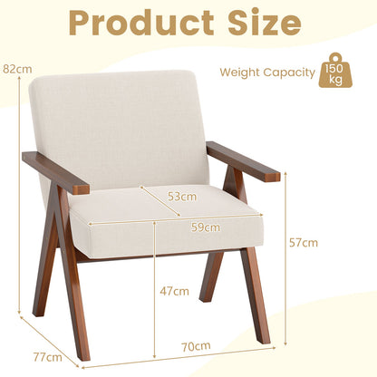 Modern Accent Chair Linen Fabric Armchair with Solid Acacia Wood Frame-Beige