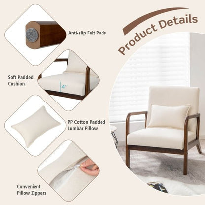 Modern Accent Chair with Lumbar Pillow and Rubber Wood Frame-Beige