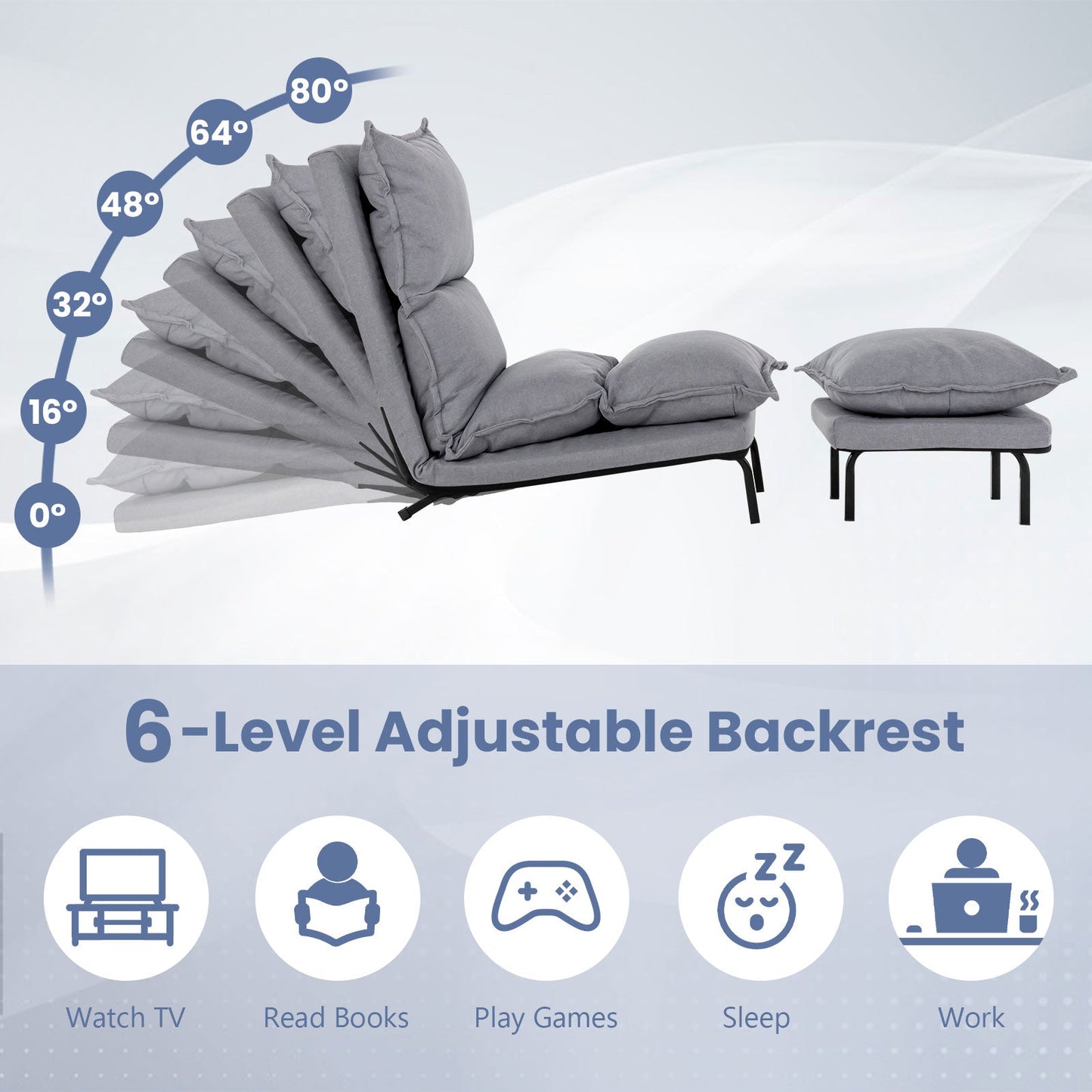 Modern Armless Accent Chair with Ottoman and Adjustable Backrest-Grey