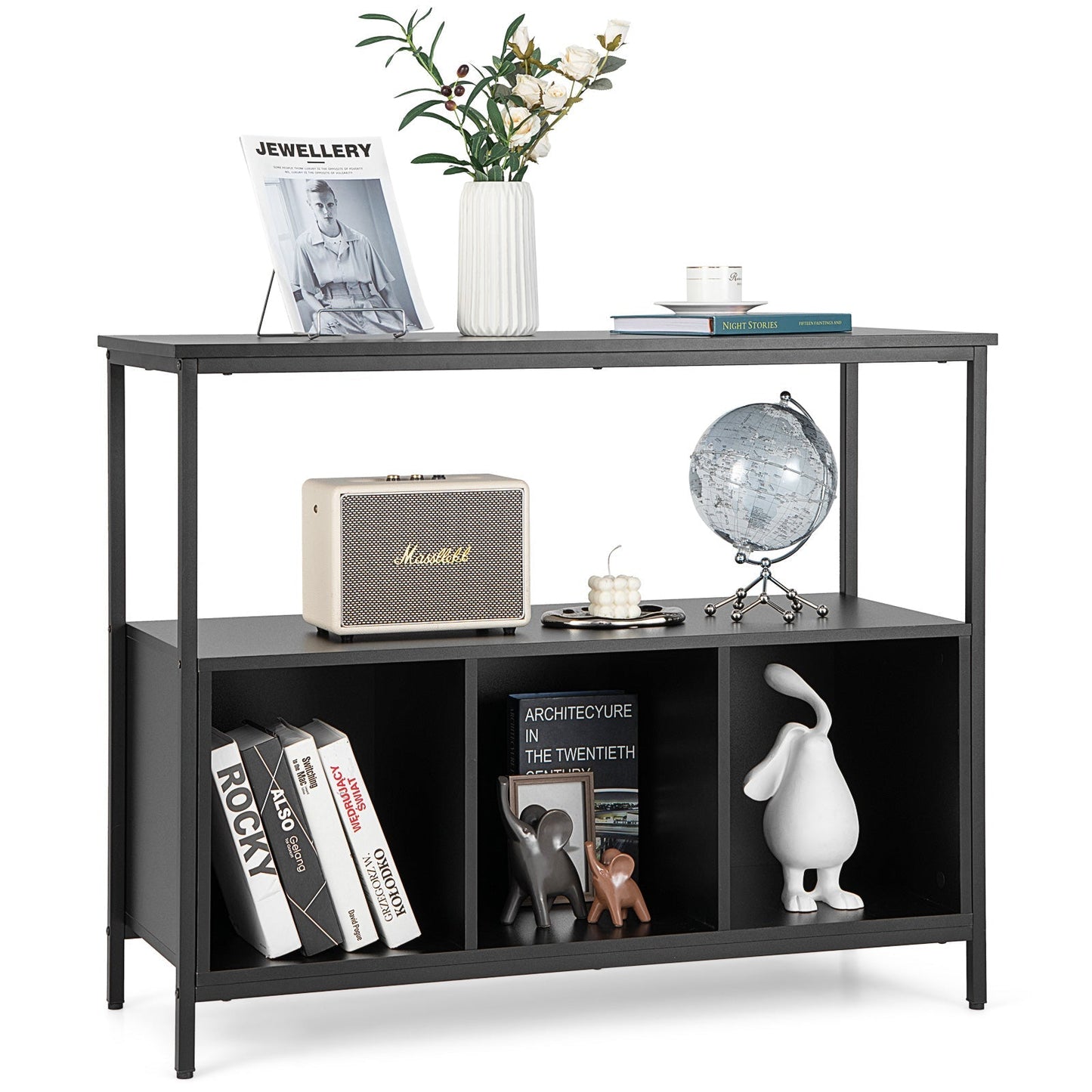 Modern Buffet Sideboard with Steel Frame, Open Shelf and 3 Compartments-Black