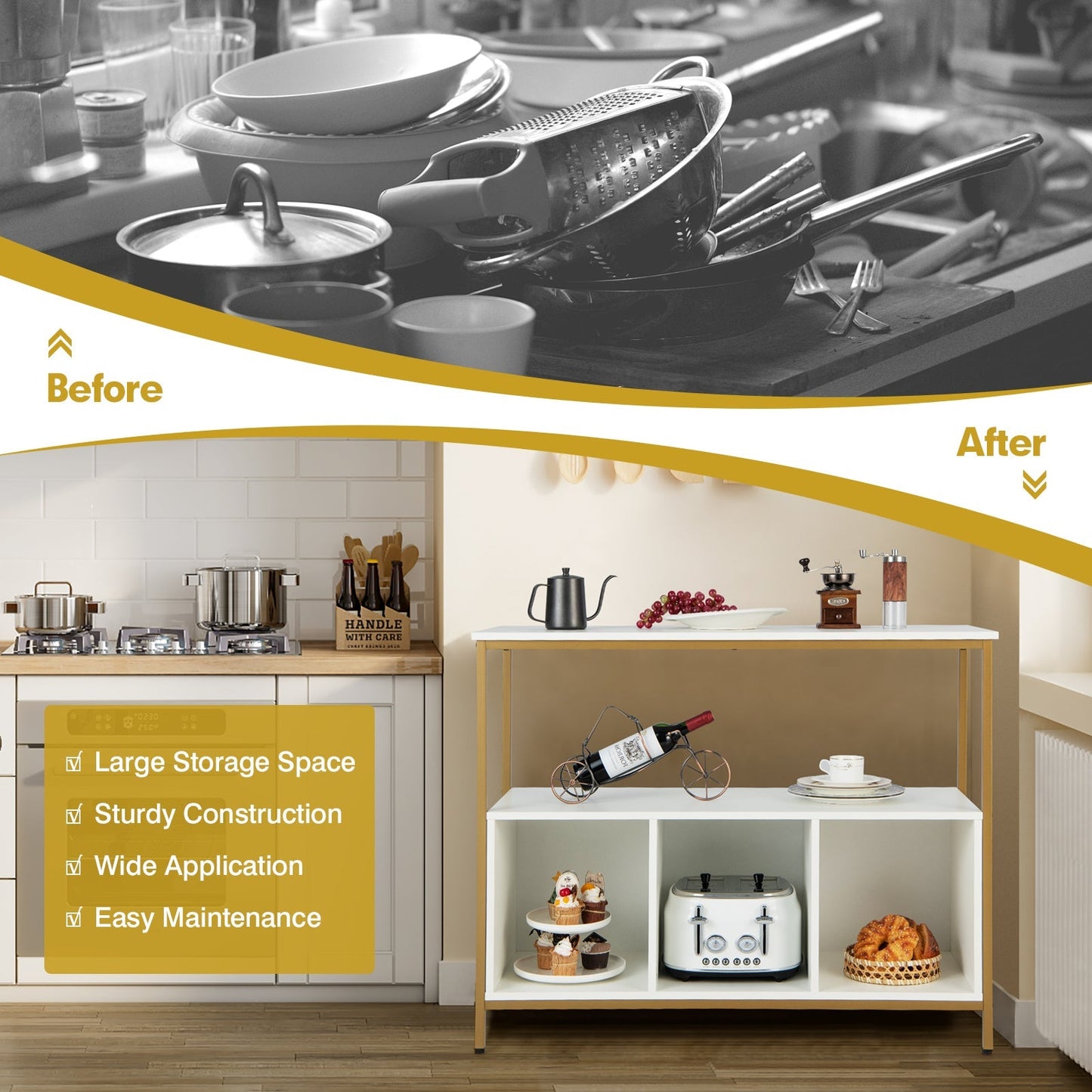 Modern Buffet Sideboard with Steel Frame, Open Shelf and 3 Compartments-White