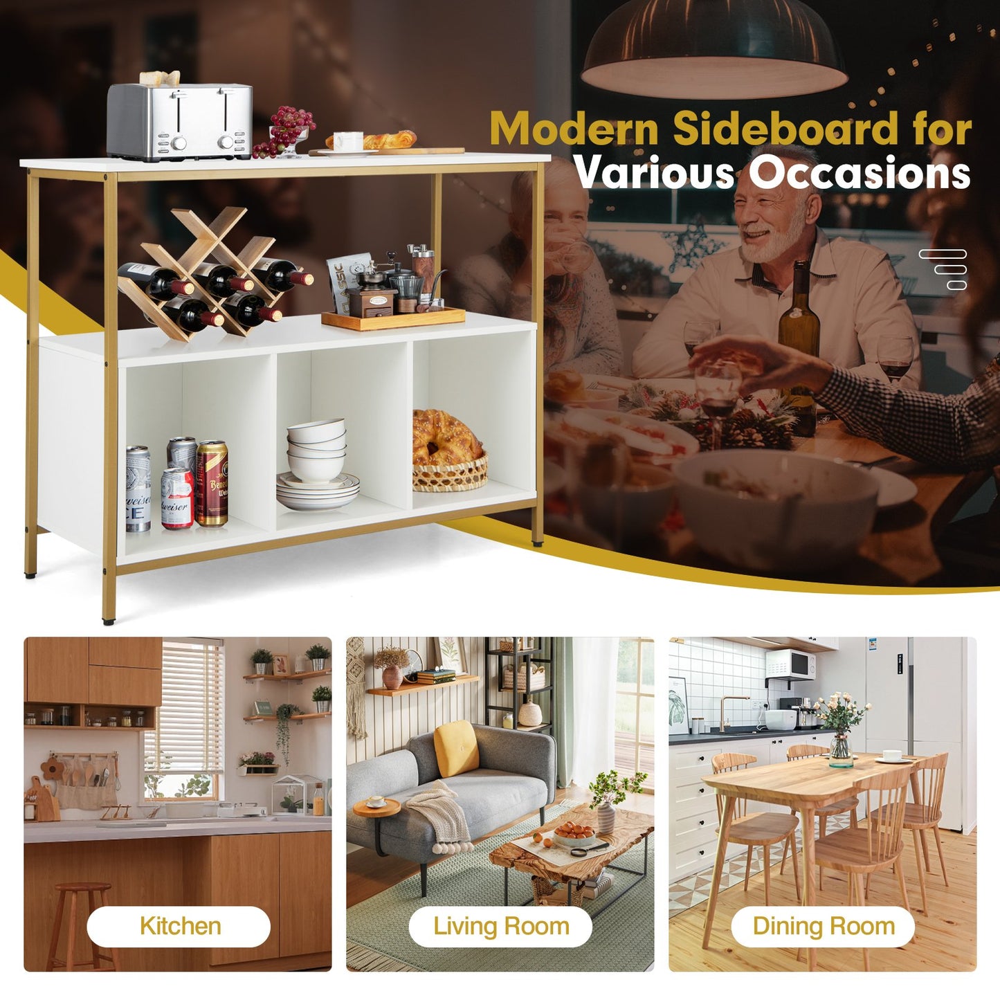 Modern Buffet Sideboard with Steel Frame, Open Shelf and 3 Compartments-White