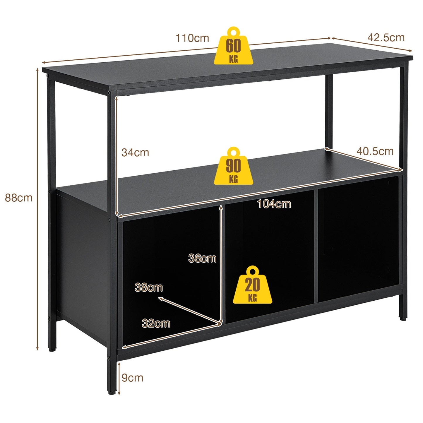 Modern Buffet Sideboard with Steel Frame, Open Shelf and 3 Compartments-Black
