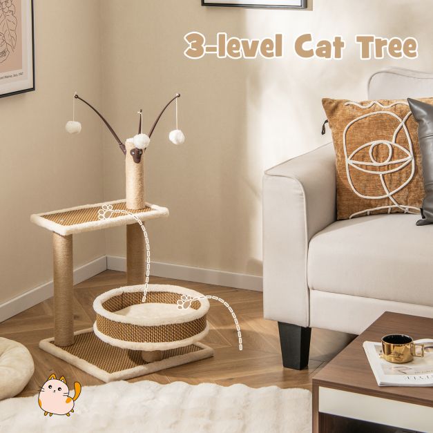 Modern Cat Tower with Rattan Mat and 3 Hanging Ball Toys