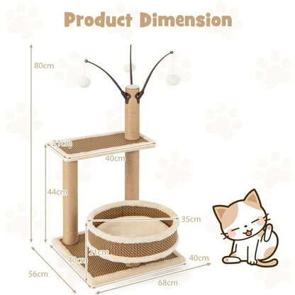 Modern Cat Tower with Rattan Mat and 3 Hanging Ball Toys