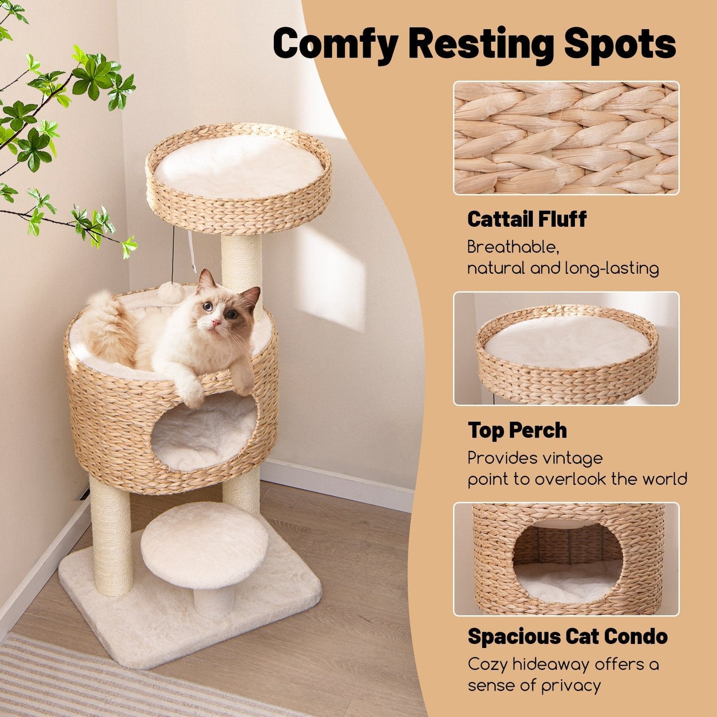 Modern Cat Tower with Top Perch and Removable Cushion-Natural