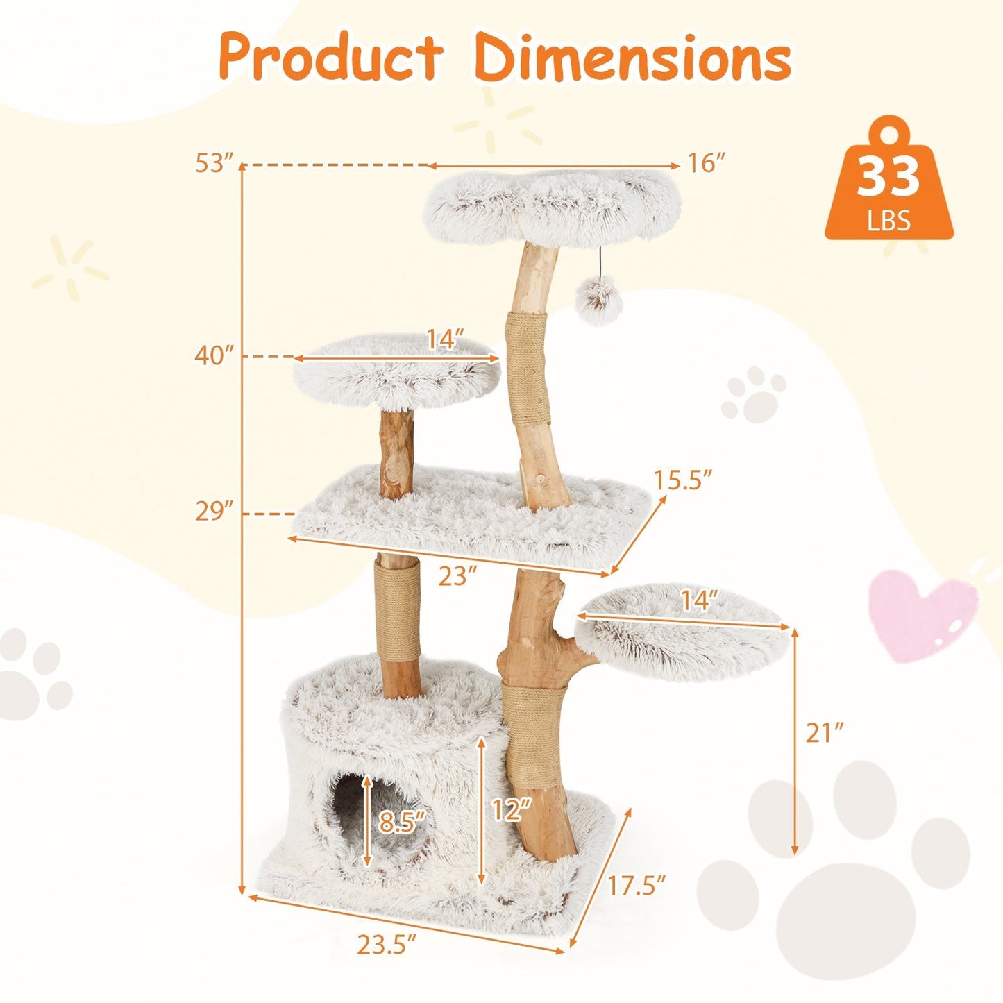 135cm Cat Tree Wooden Cat Tree with Cat Cave Plush Seat Platform &amp; Ball White