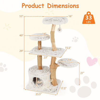 135cm Cat Tree Wooden Cat Tree with Cat Cave Plush Seat Platform &amp; Ball White