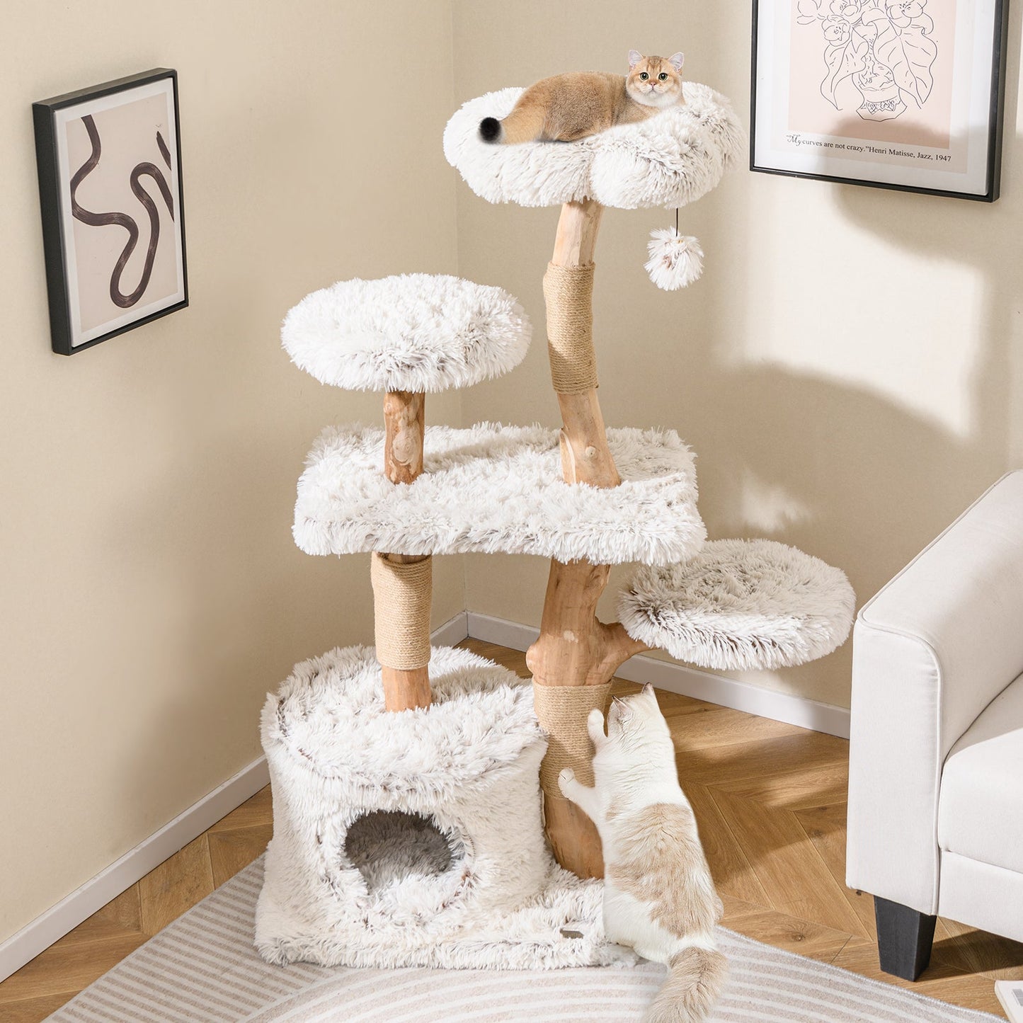 135cm Cat Tree Wooden Cat Tree with Cat Cave Plush Seat Platform &amp; Ball White