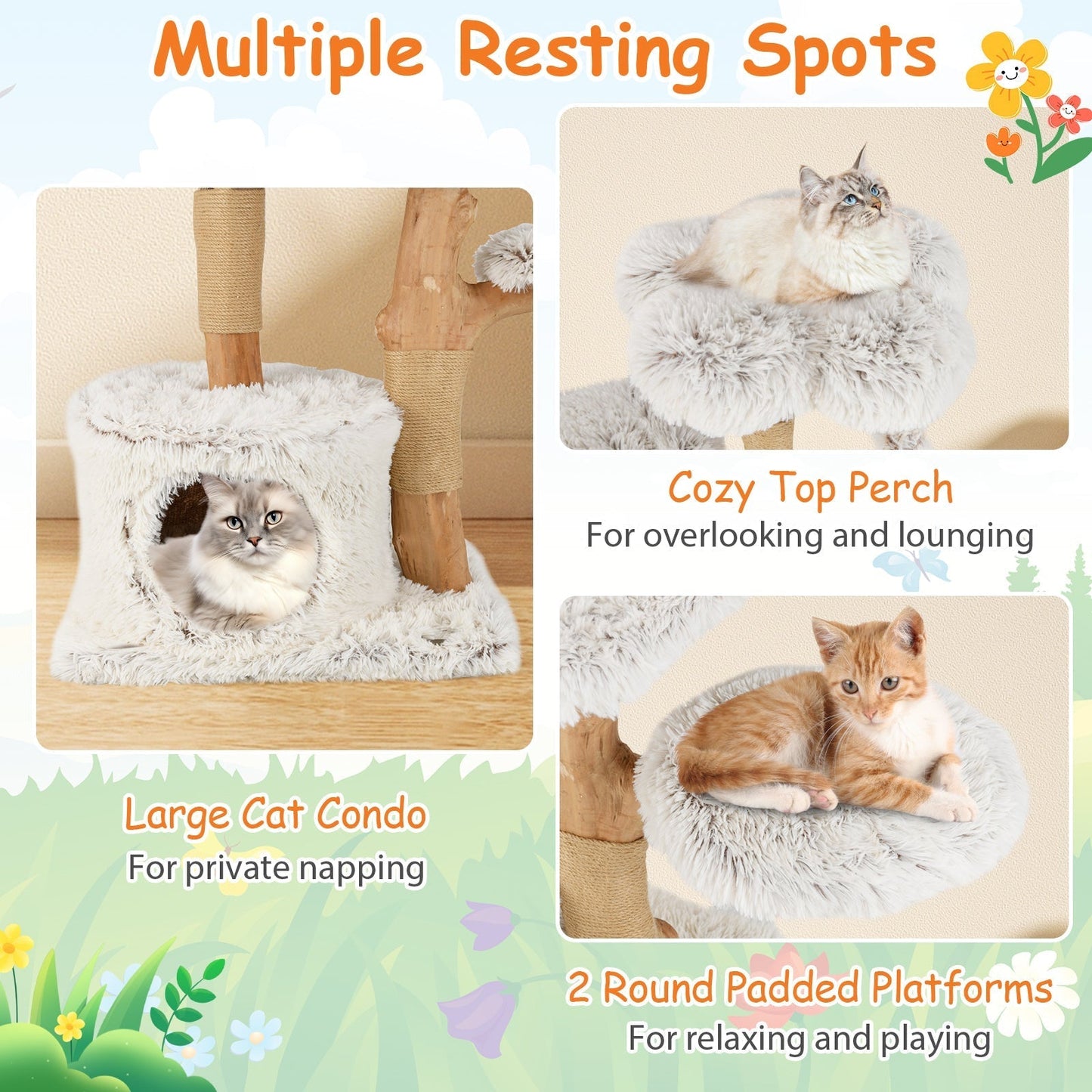 135cm Cat Tree Wooden Cat Tree with Cat Cave Plush Seat Platform &amp; Ball White