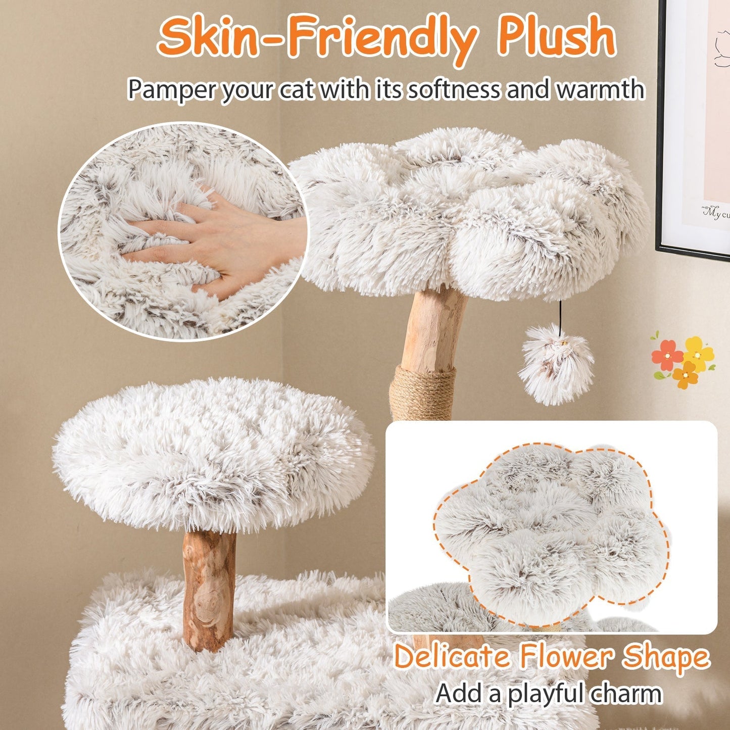 135cm Cat Tree Wooden Cat Tree with Cat Cave Plush Seat Platform &amp; Ball White