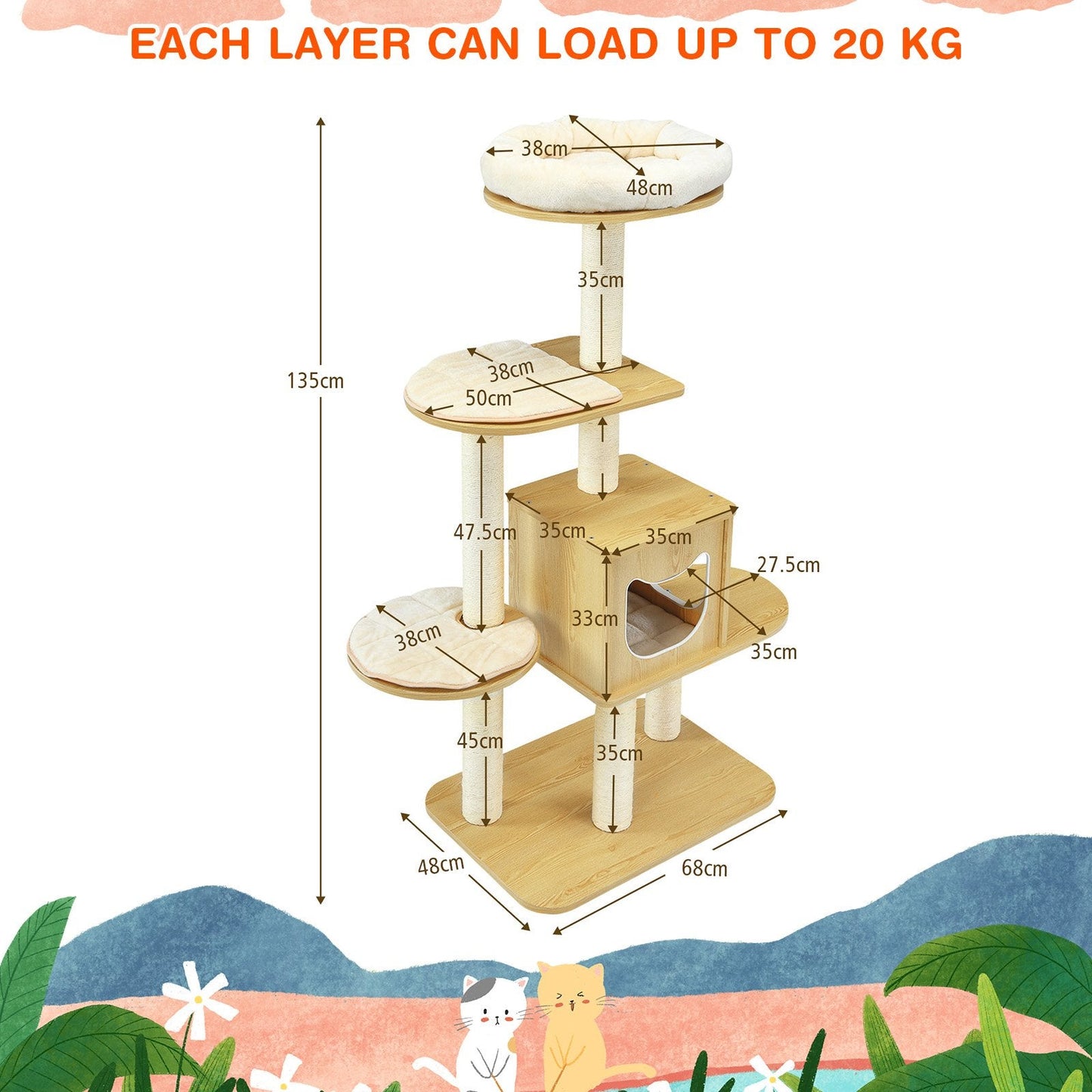 Multi-level Cat Tree with Scratching Posts Condo and Perches-Natural
