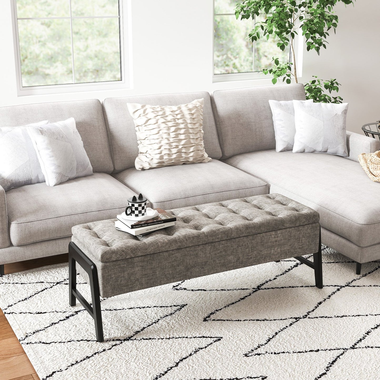 Modern Chenille Storage Bench Upholstered Tufted Ottoman Bench-Grey