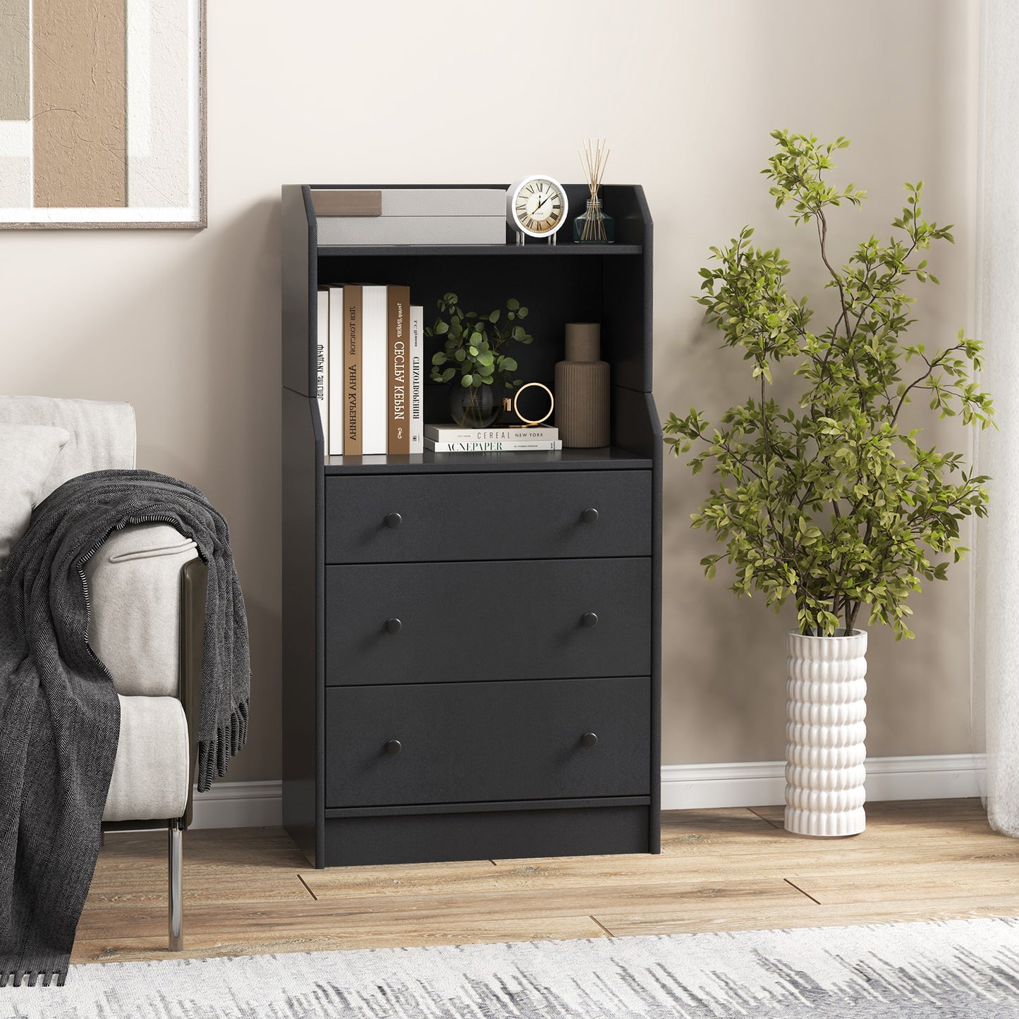 Modern Chest of Drawers Dresser with Shelves-Black