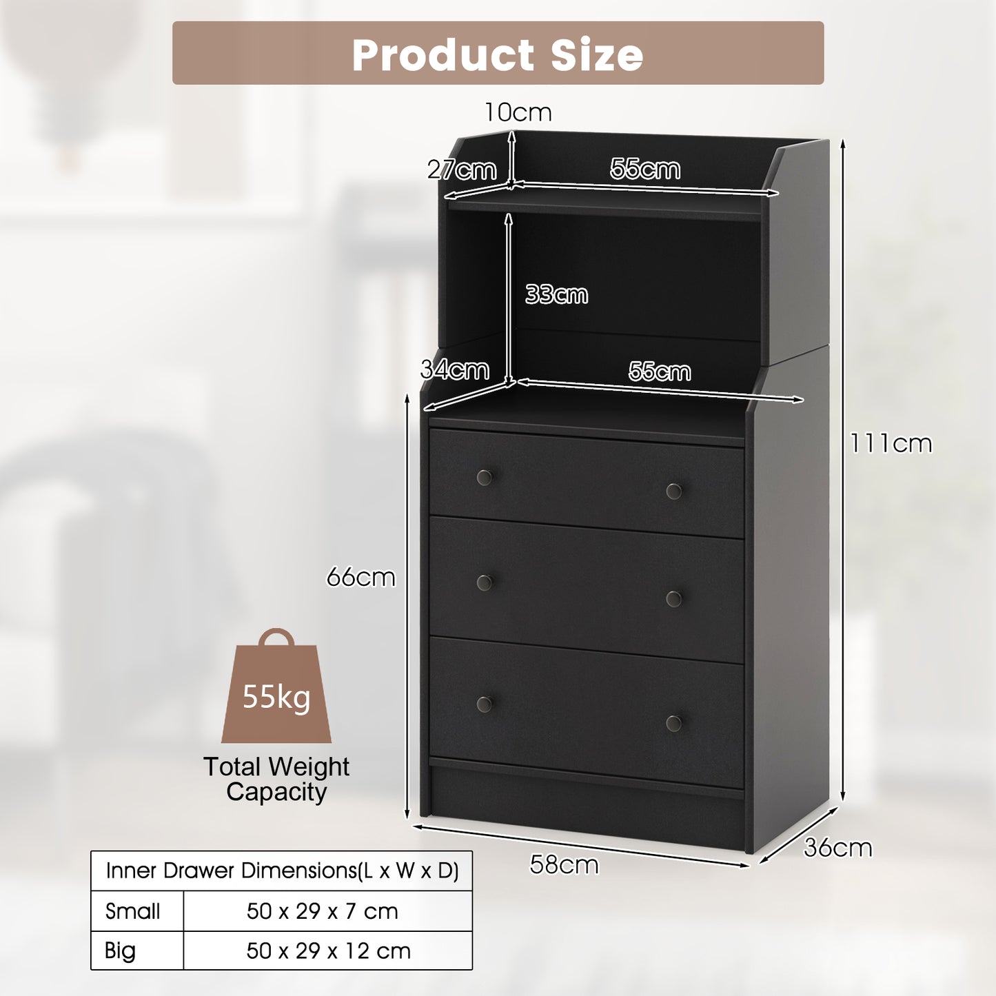 Modern Chest of Drawers Dresser with Shelves-Black