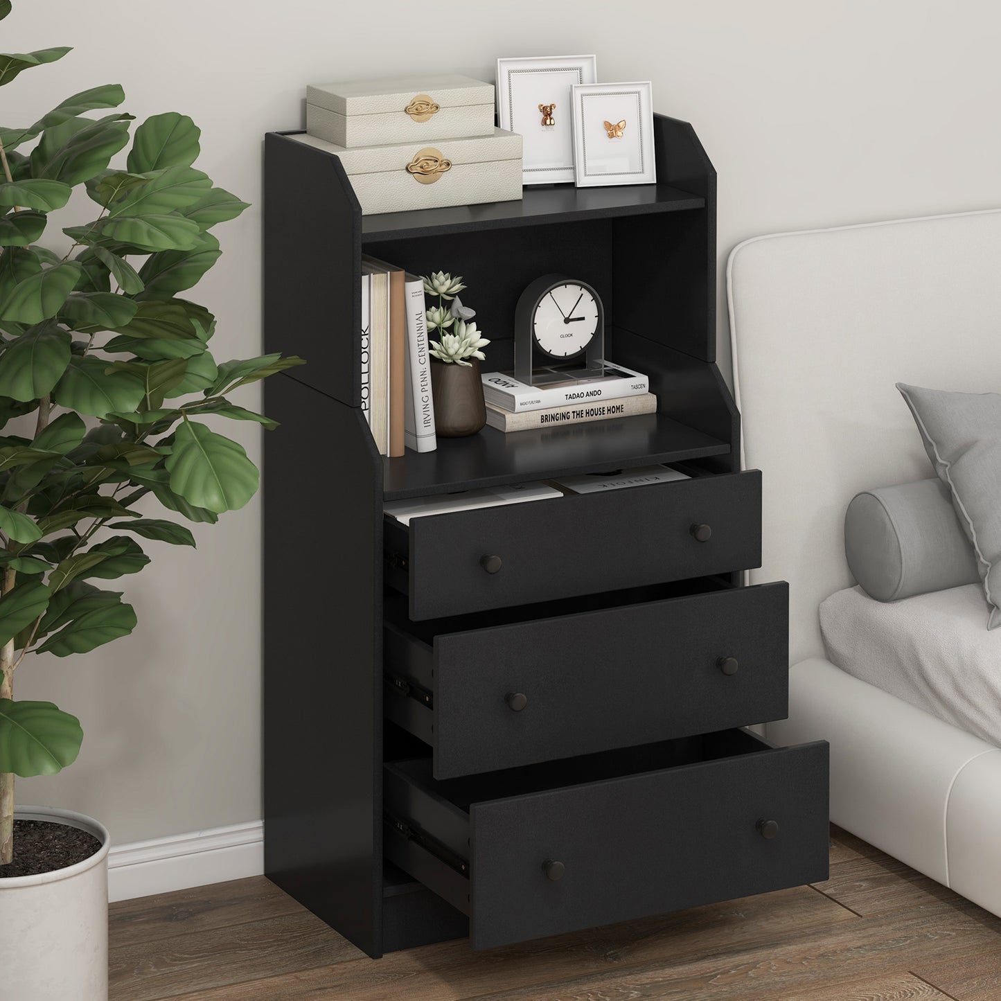 Modern Chest of Drawers Dresser with Shelves-Black