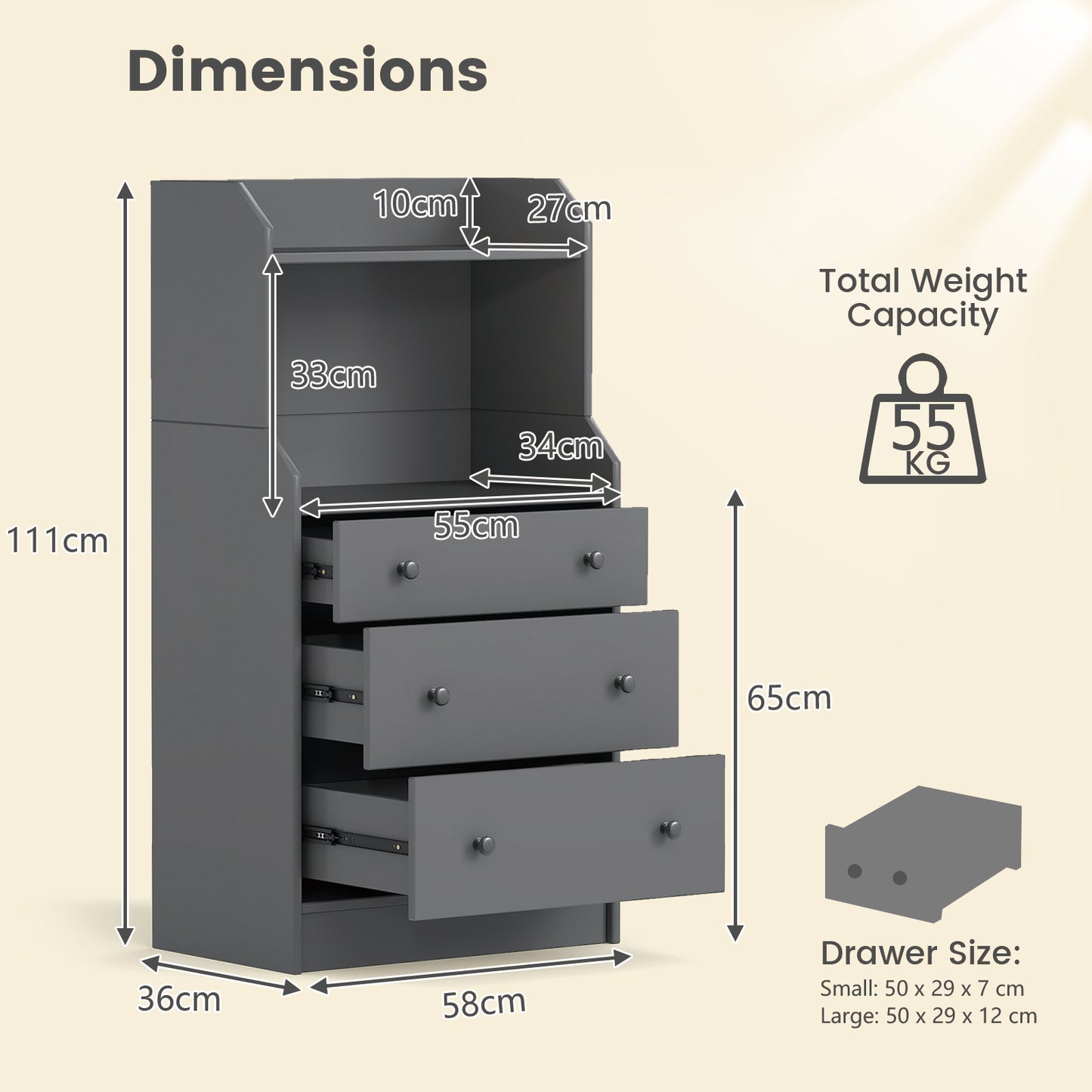 Modern Chest of Drawers Dresser with Shelves-Grey