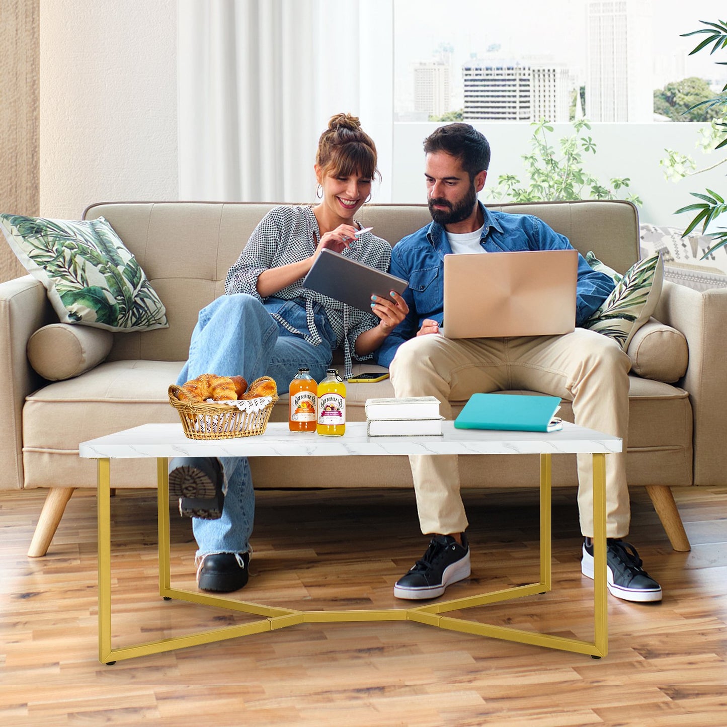 Modern Coffee Table with Faux Marble Tabletop and Golden Y-shaped Legs