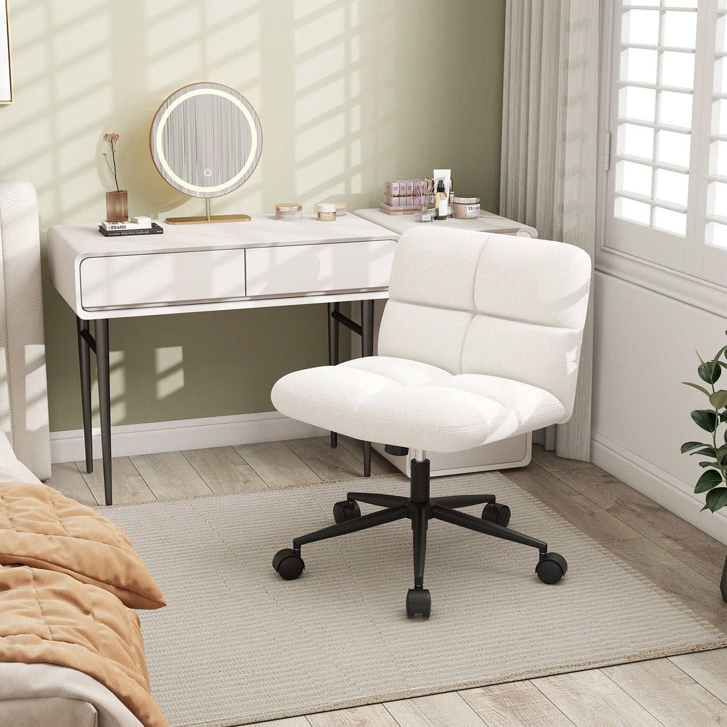 Modern Cross Legged Swivel Task Chair with Wheels-Beige