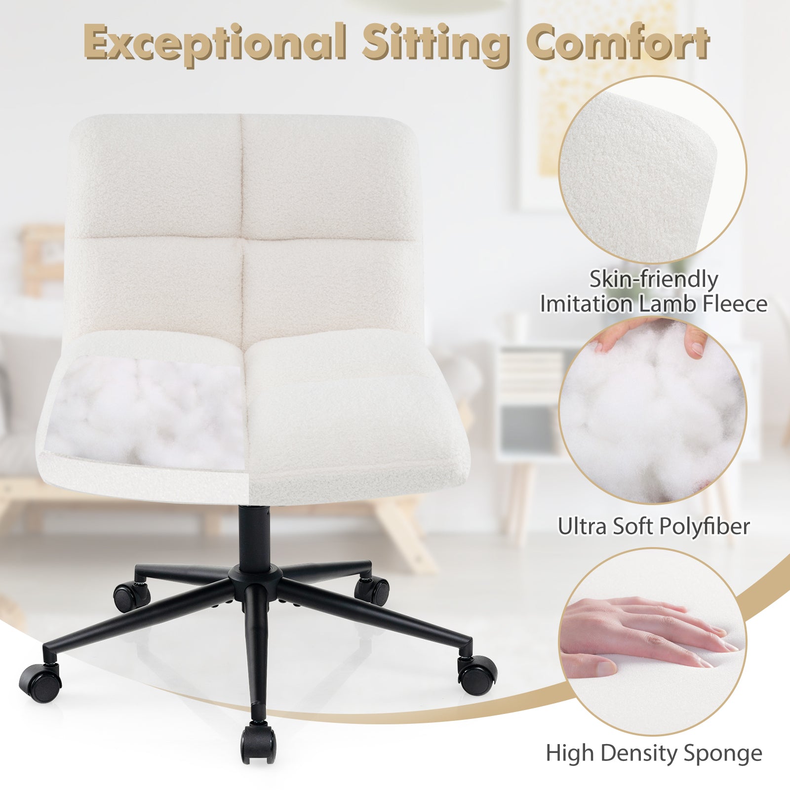 Modern Cross Legged Swivel Task Chair with Wheels-Beige