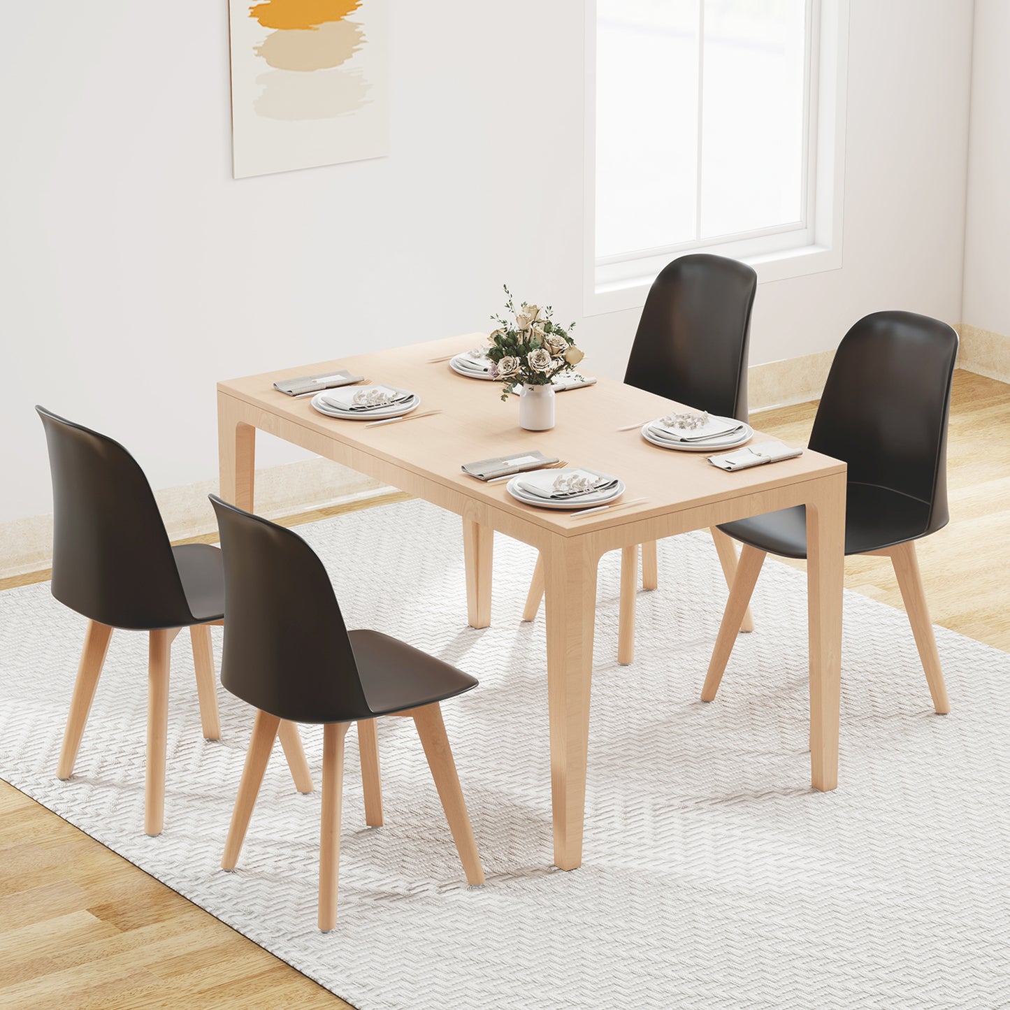 Modern Dining Chairs Set of 2 Armless Kitchen Chairs with Solid Beech Wood Legs-Black