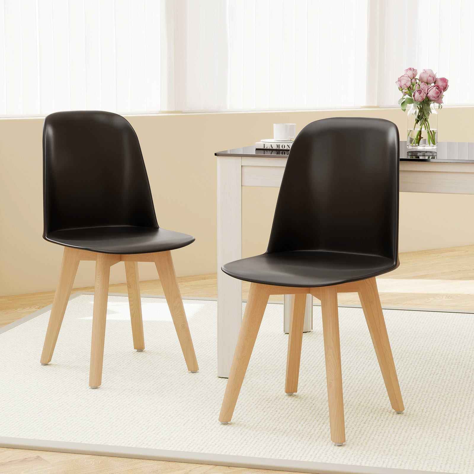 Modern Dining Chairs Set of 2 Armless Kitchen Chairs with Solid Beech Wood Legs-Black