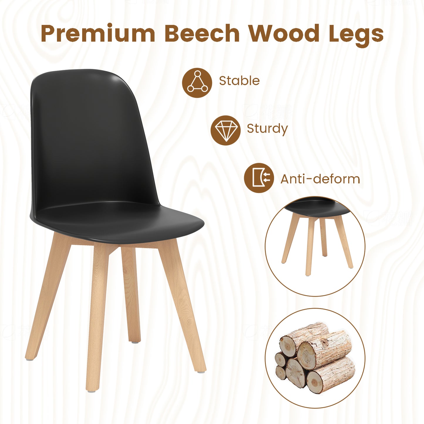Modern Dining Chairs Set of 2 Armless Kitchen Chairs with Solid Beech Wood Legs-Black