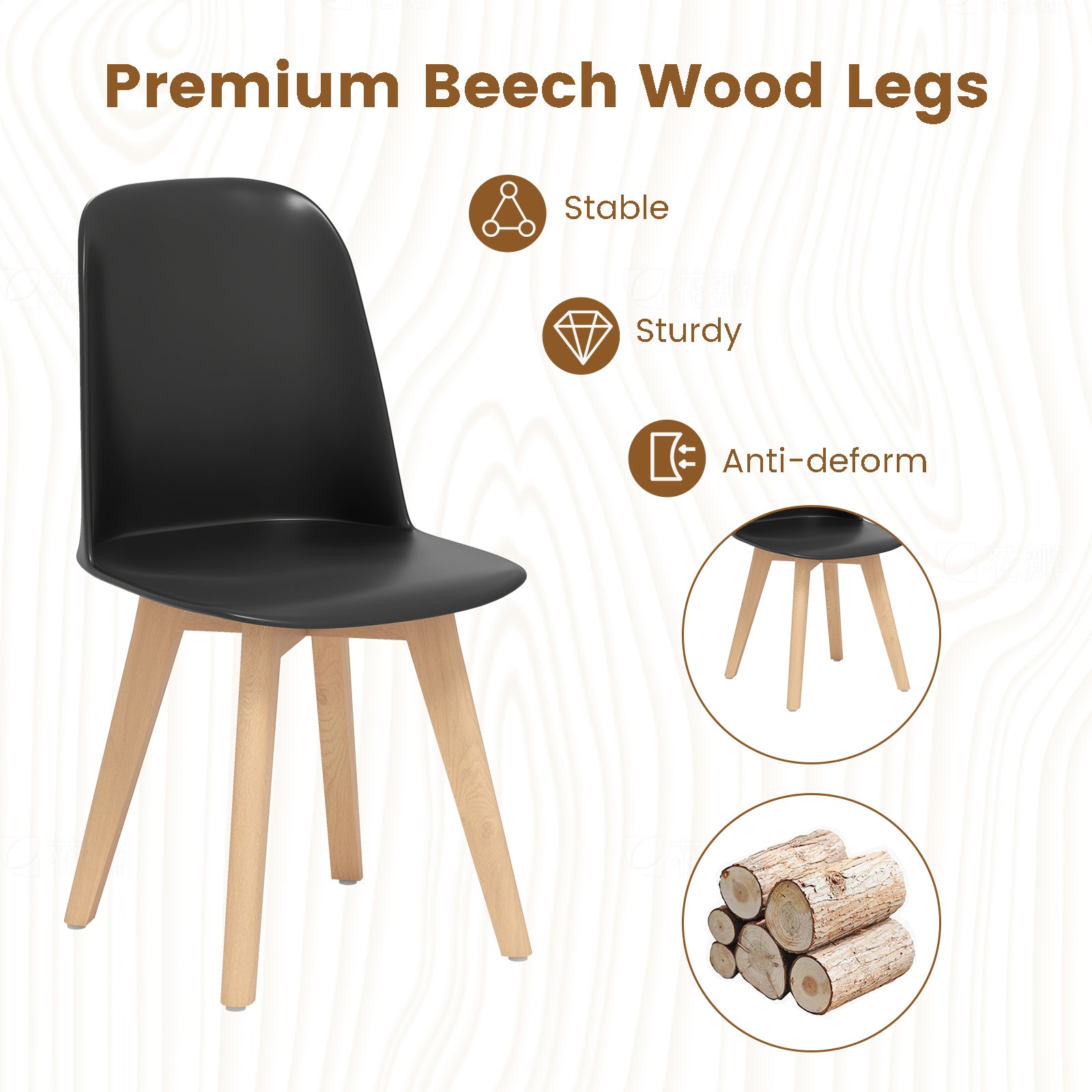 Modern Dining Chairs Set of 2 Armless Kitchen Chairs with Solid Beech Wood Legs-Black