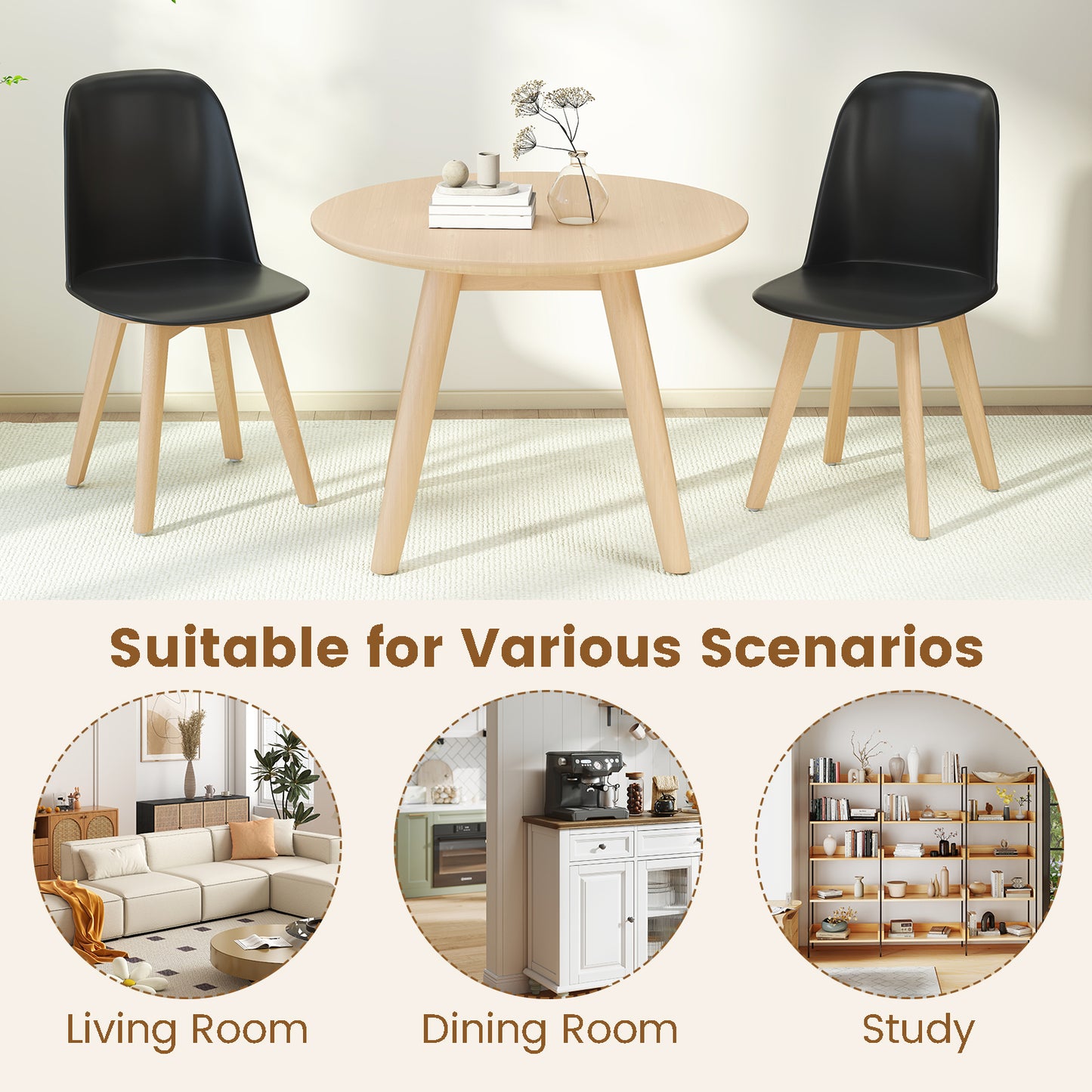 Modern Dining Chairs Set of 2 Armless Kitchen Chairs with Solid Beech Wood Legs-Black