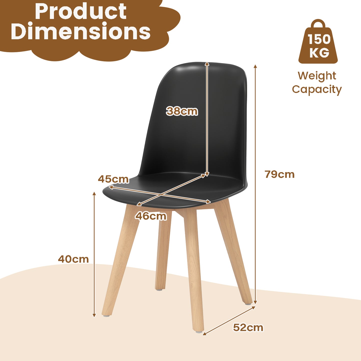 Modern Dining Chairs Set of 2 Armless Kitchen Chairs with Solid Beech Wood Legs-Black