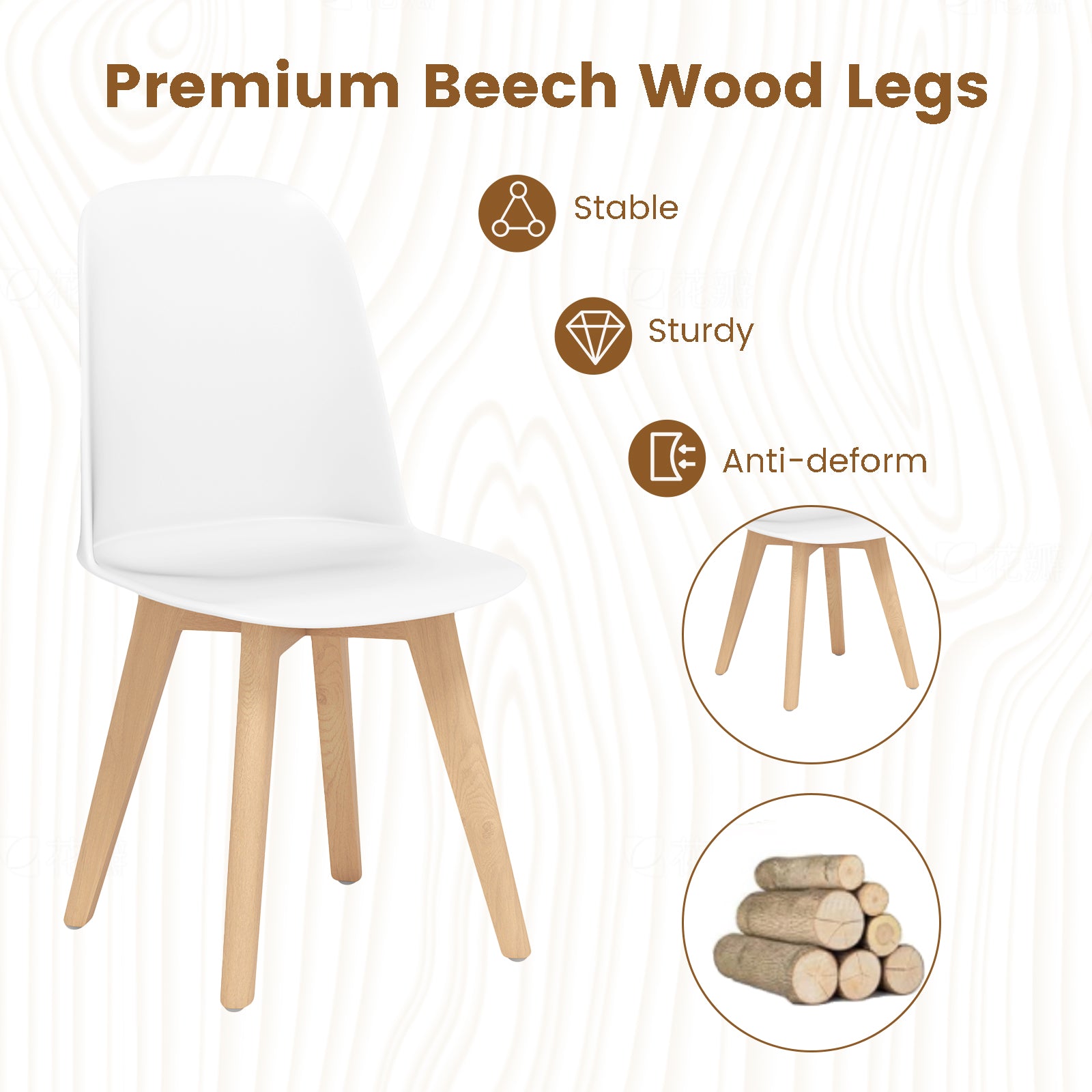 Modern Dining Chairs Set of 2 Armless Kitchen Chairs with Solid Beech Wood Legs-White