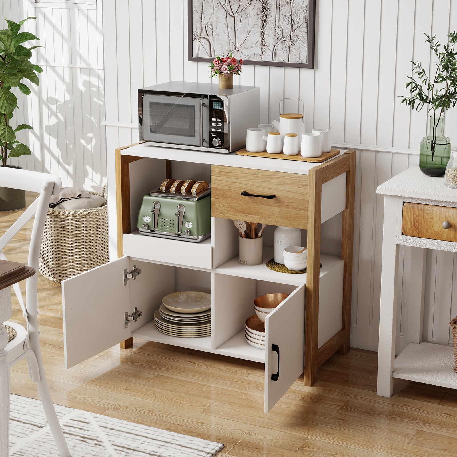 Modern Farmhouse Coffee Bar Cabinet with Drawer for Dining Room-White