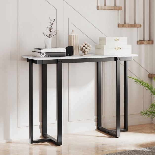 Modern Faux Marble Entryway Console Table with Geometric Metal Frame-Black