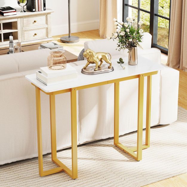 Modern Faux Marble Entryway Console Table with Geometric Metal Frame-White