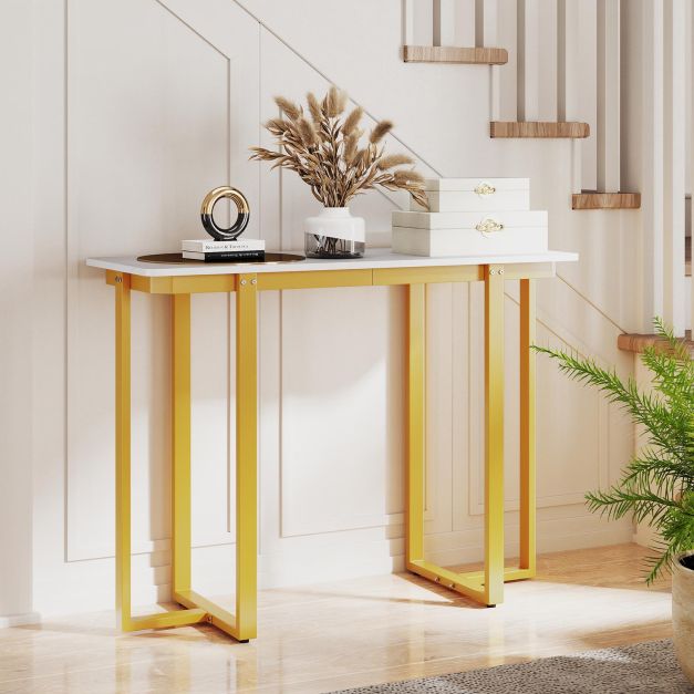 Modern Faux Marble Entryway Console Table with Geometric Metal Frame-White