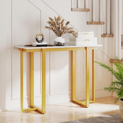 Modern Faux Marble Entryway Console Table with Geometric Metal Frame-White