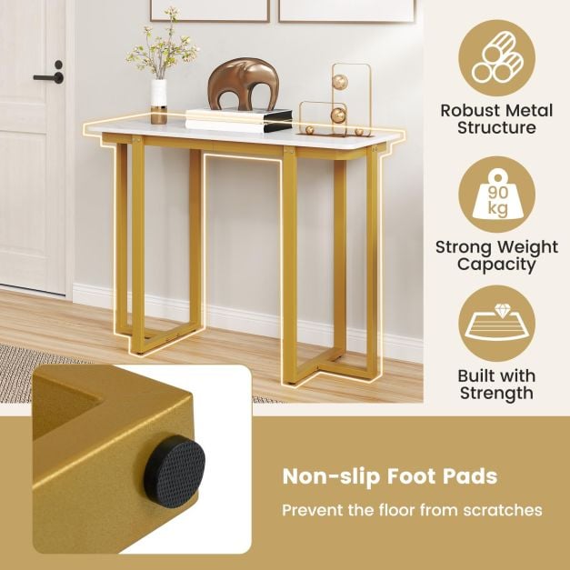 Modern Faux Marble Entryway Console Table with Geometric Metal Frame-White