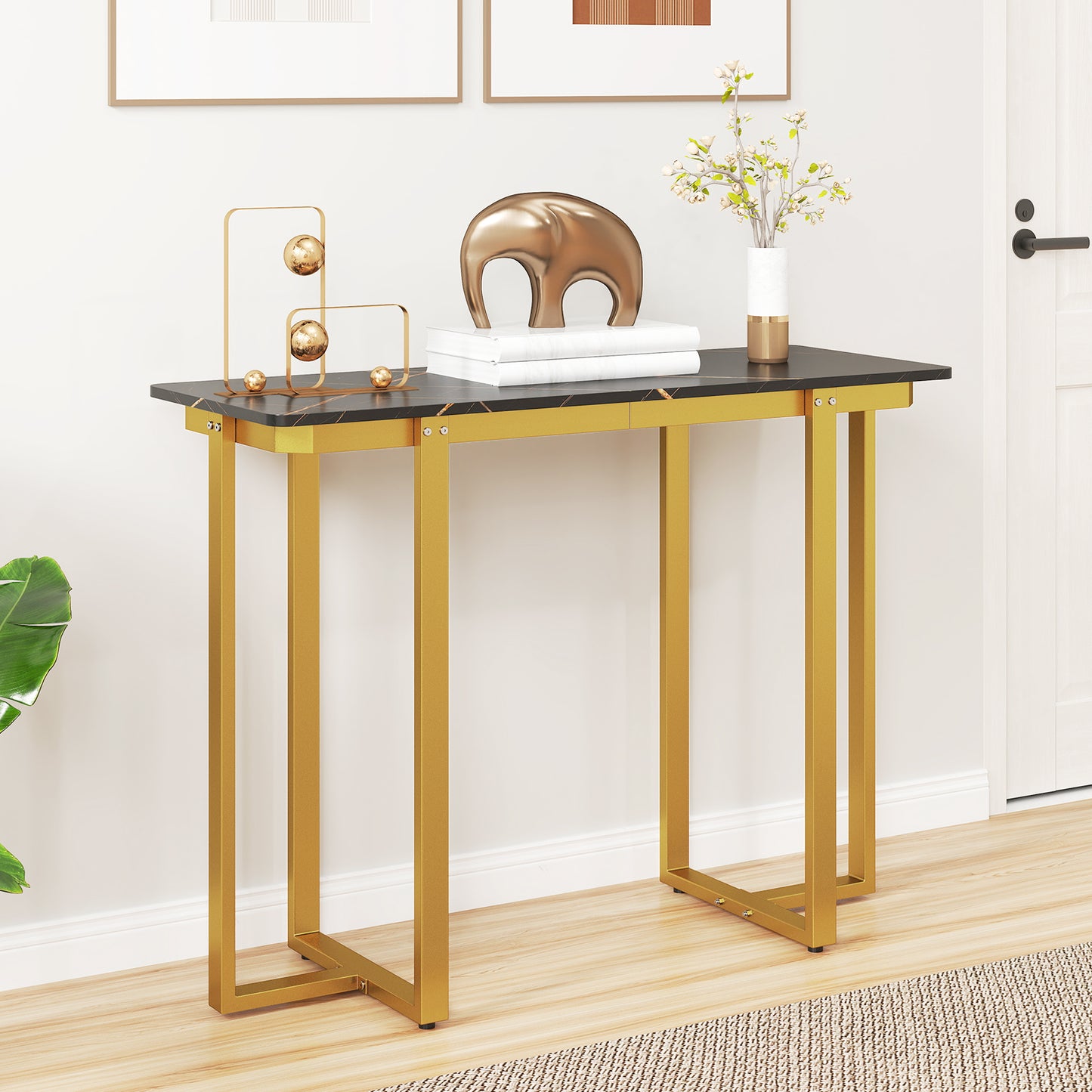 Modern Faux Marble Entryway Console Table with Geometric Metal Frame-Grey