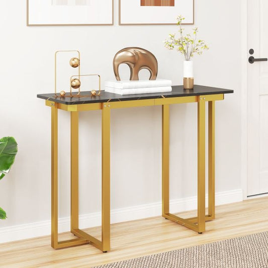 Modern Faux Marble Entryway Console Table with Geometric Metal Frame-Grey