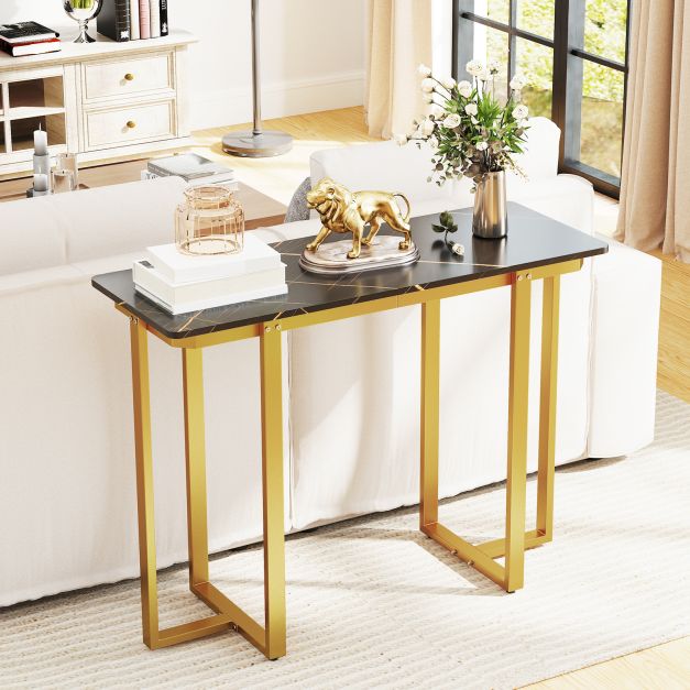 Modern Faux Marble Entryway Console Table with Geometric Metal Frame-Grey