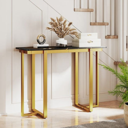 Modern Faux Marble Entryway Console Table with Geometric Metal Frame-Grey