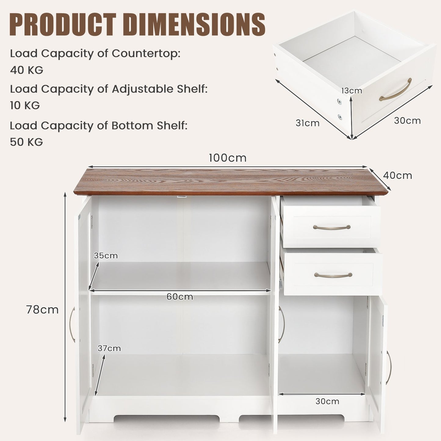 Modern Kitchen Sideboard Storage Cabinet with Adjustable Shelf and Drawers-White