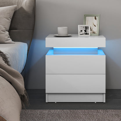 Faux Marble Modern Nightstand with 2 Drawers and LED Light-White